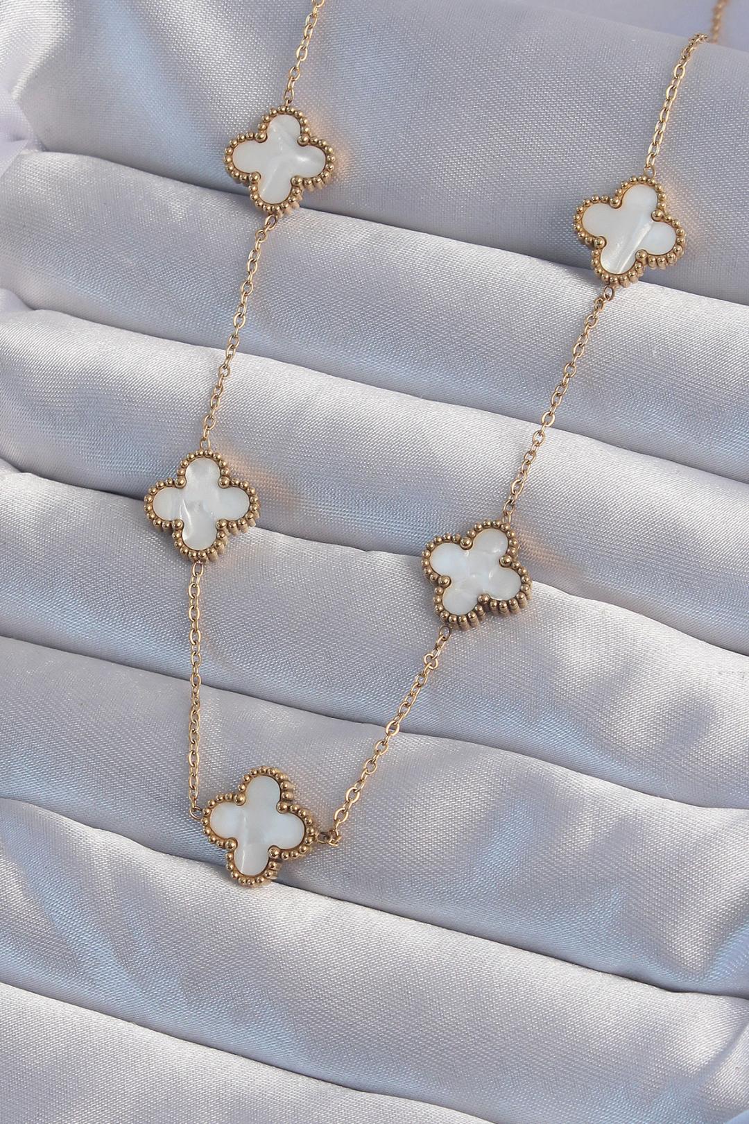 316L Çelik Gold Renk Beyaz Sedefli Yonca Kolye