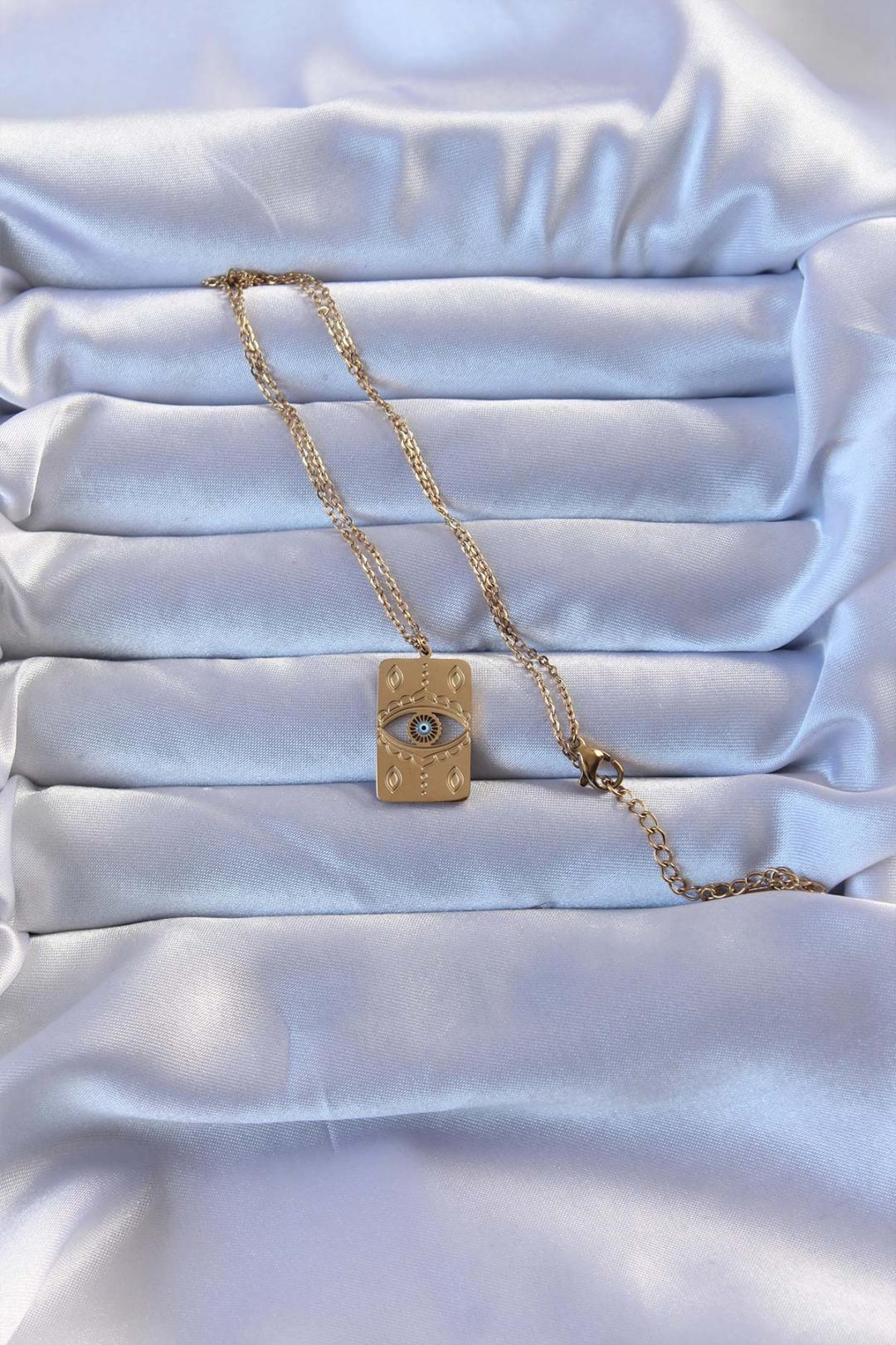 İşlemeli Nazarlı Vintage Kolye