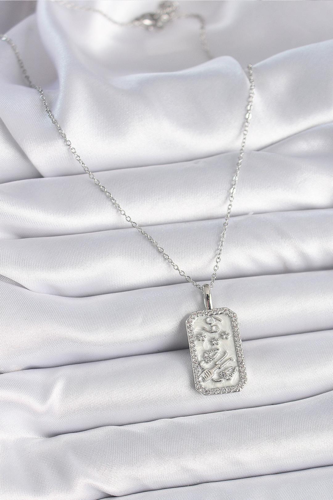 Çelik Gümüş Renk Zincir Yengeç Burcu Zirkon Taşlı Kadın Kolye