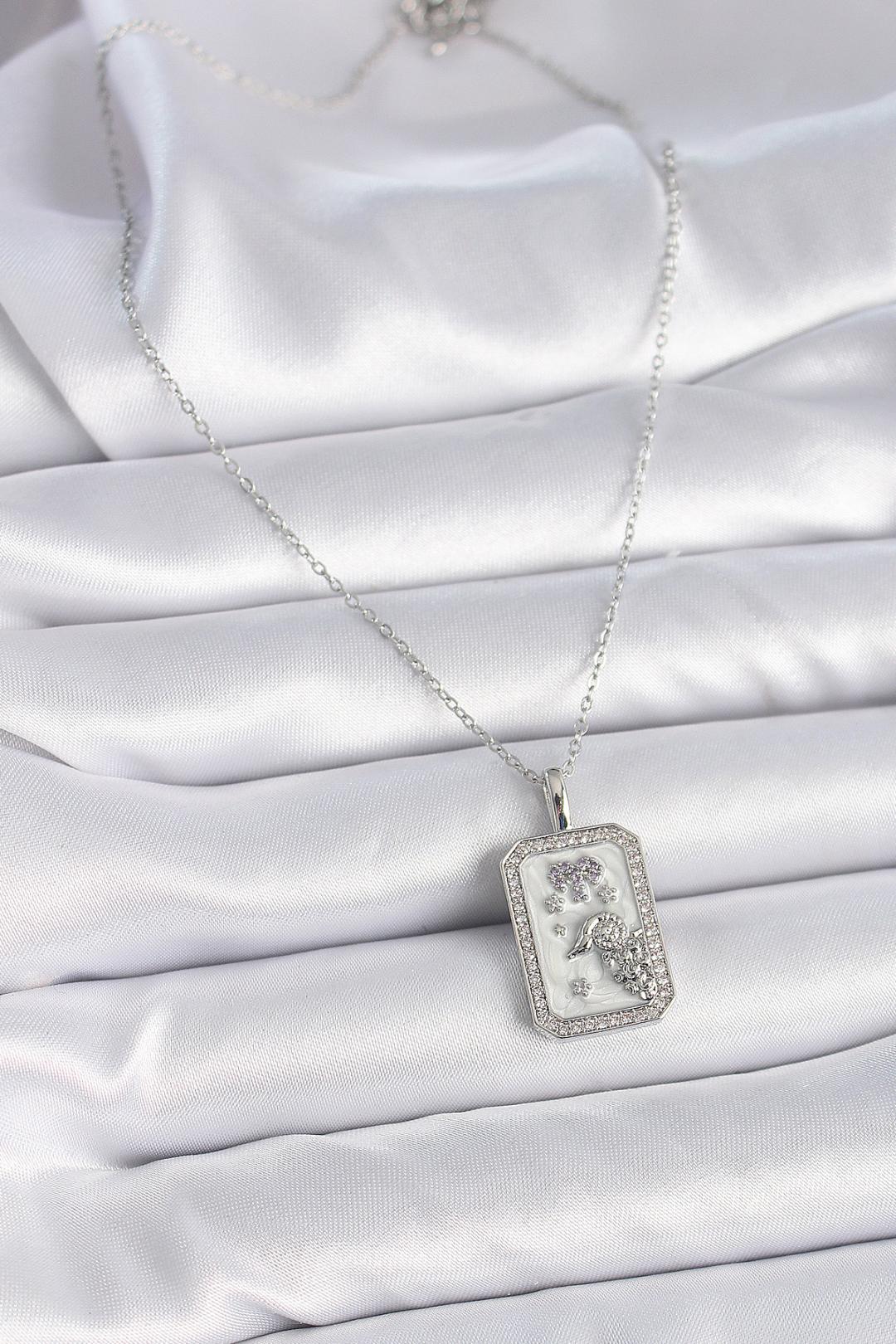 Çelik Gümüş Renk Zincir Koç Burcu Zirkon Taşlı Kadın Kolye