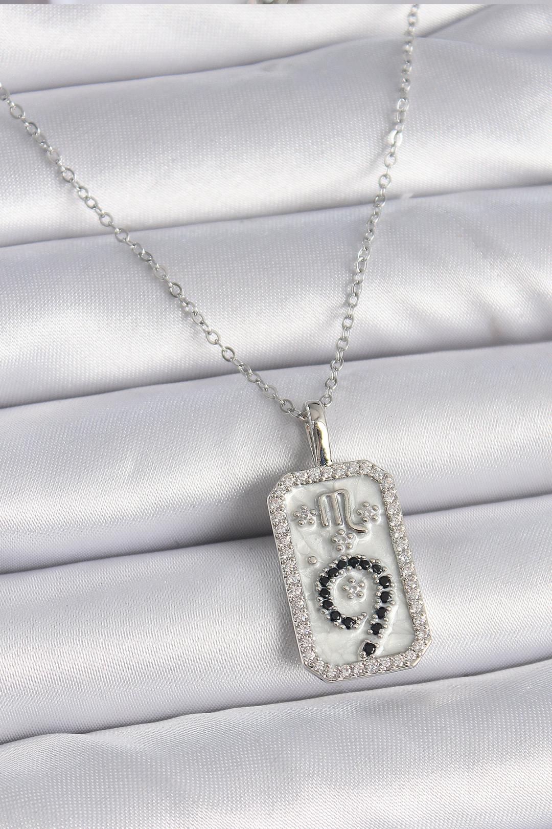 Çelik Gümüş Renk Zincir Akrep Burcu Zirkon Taşlı Kadın Kolye