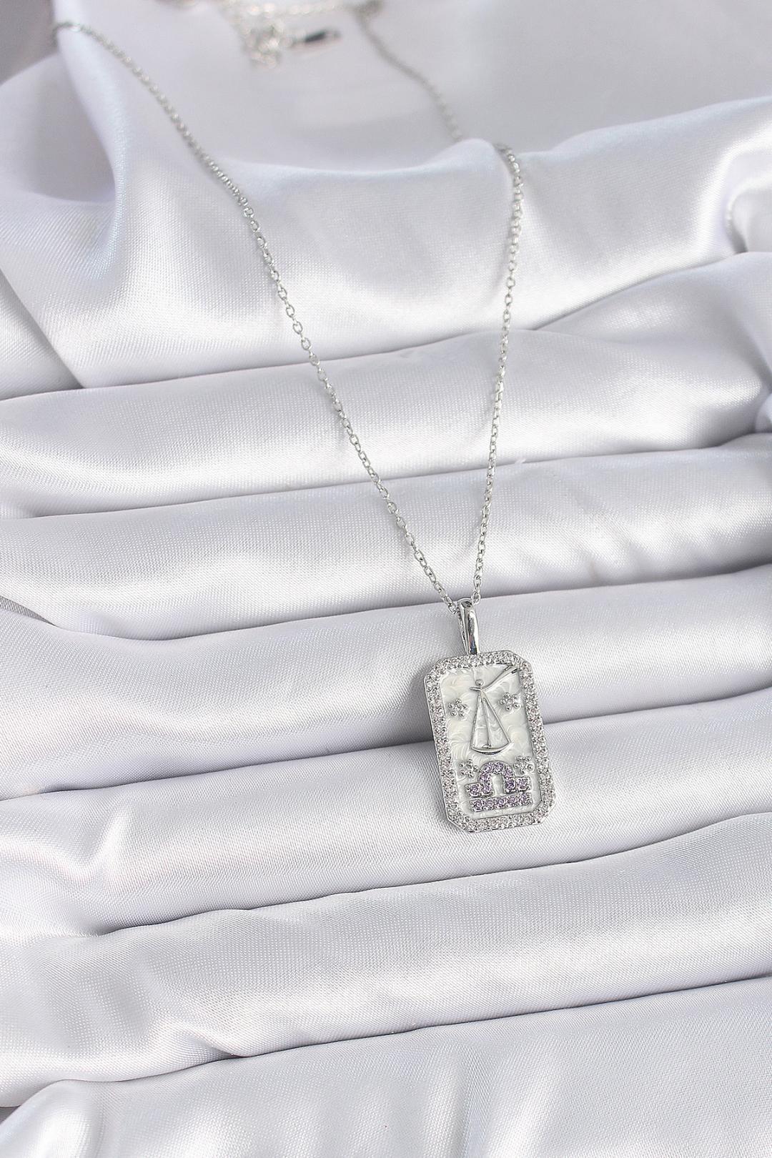 Çelik Gümüş Renk Terazi Burcu Zirkon Taşlı Kadın Kolye