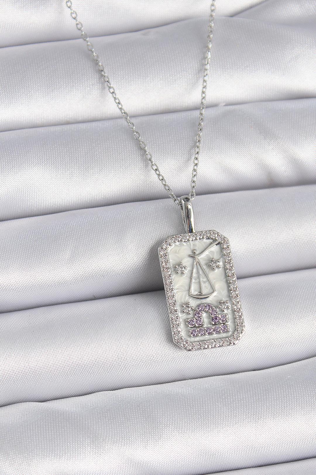 Çelik Gümüş Renk Terazi Burcu Zirkon Taşlı Kadın Kolye