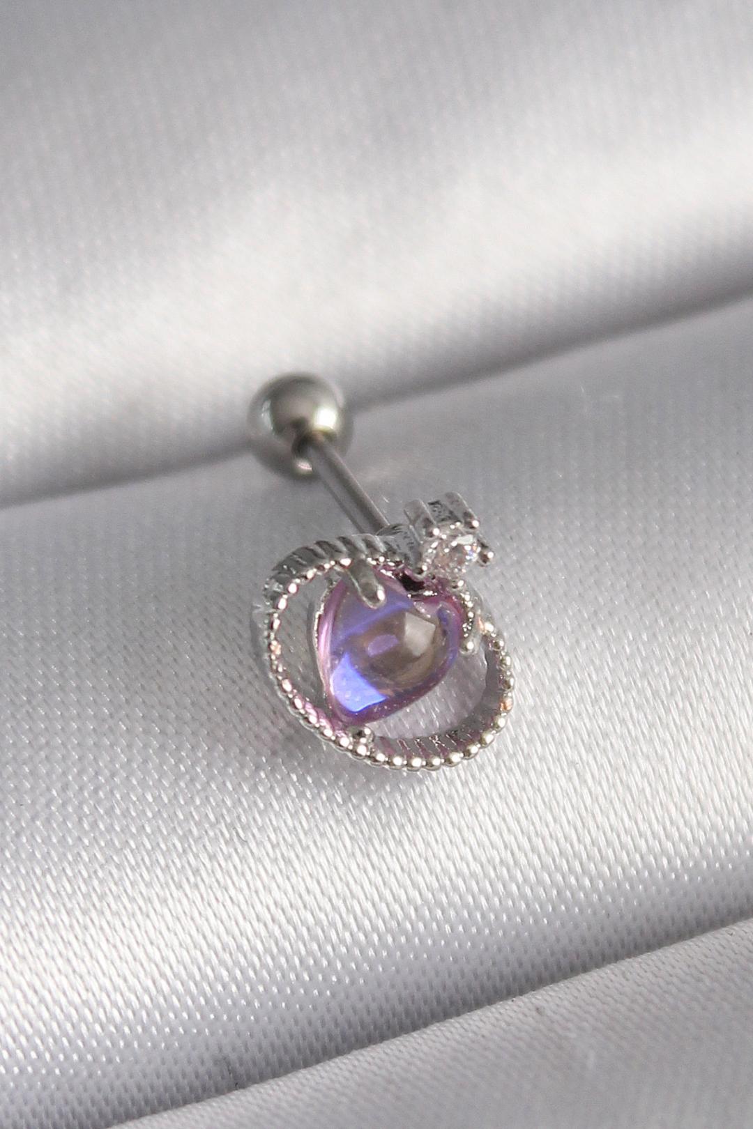 Çelik Gümüş Renk Mor Mineli Kalp Zirkon Taş Detay Tragus Piercing
