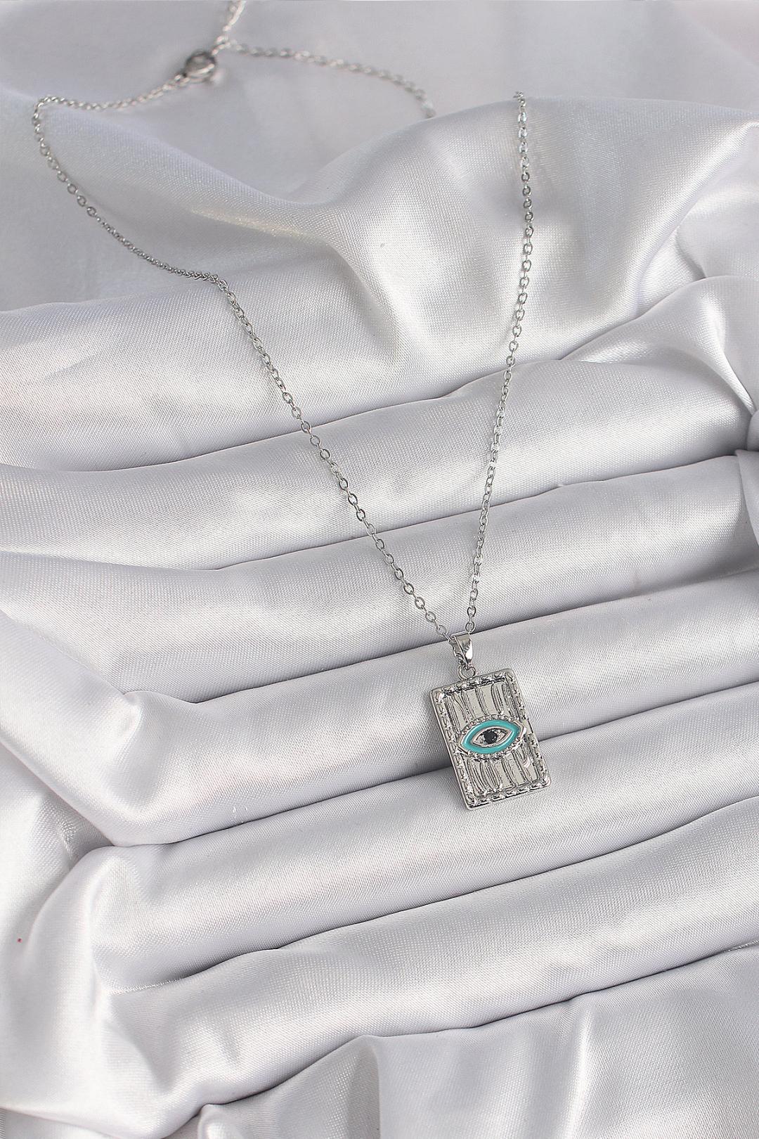 Zirkon Taşlı Göz İşleme Detaylı Plaka Model Kadın Kolye