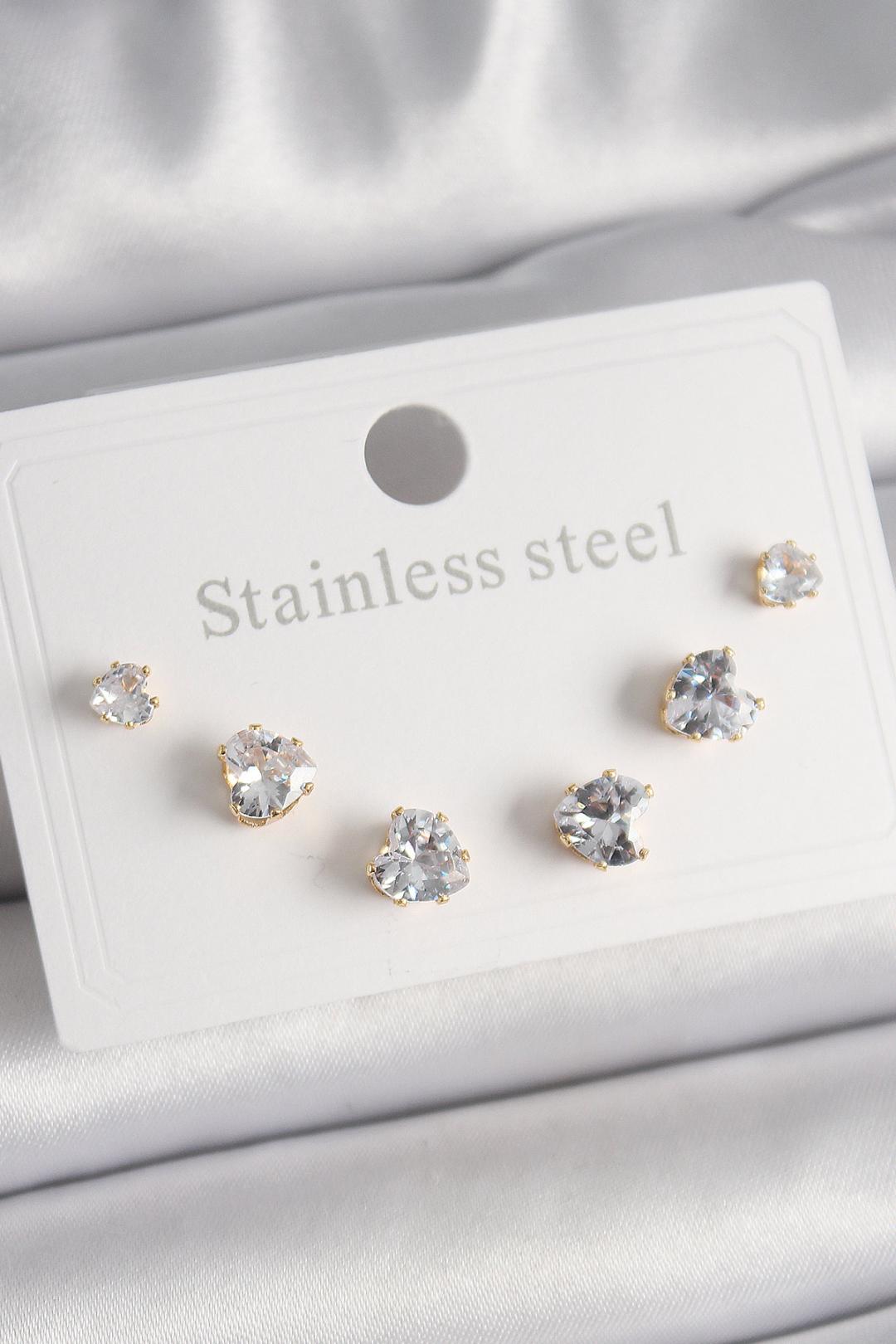 Çelik Gold Renk Zirkon Taşlı Kalp Model Kadın Küpe Seti