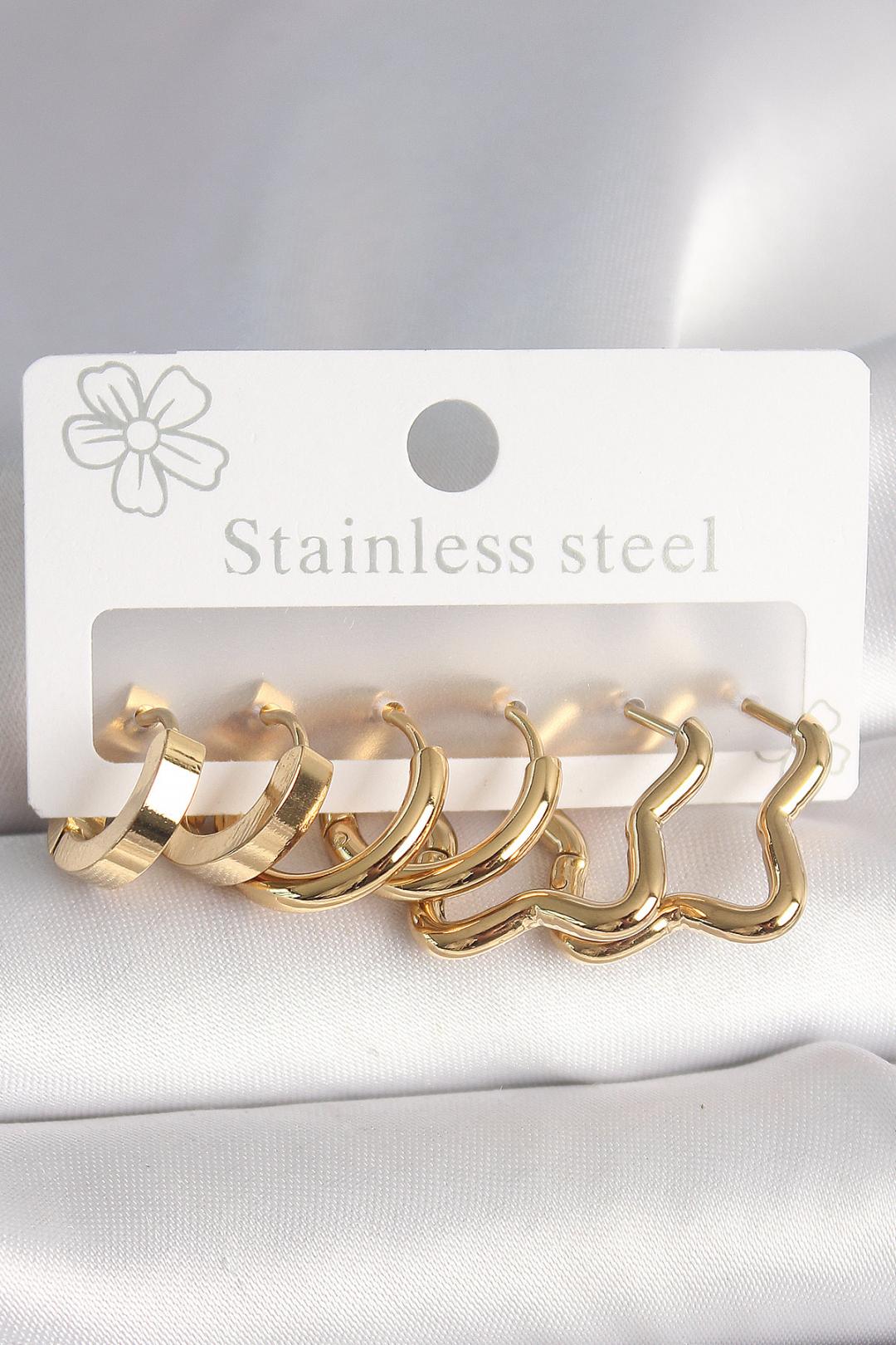 Çelik Gold Renk Yıldız Halka Model Kadın Küpe Seti