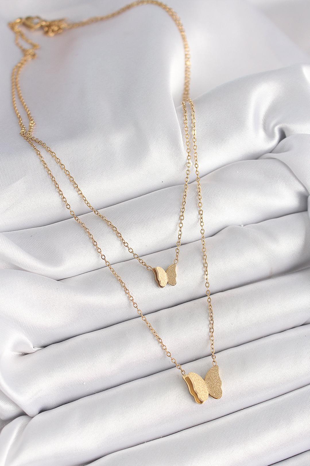 Çelik Gold Renk 2'Li Simli Kelebek Model Kadın Kolye