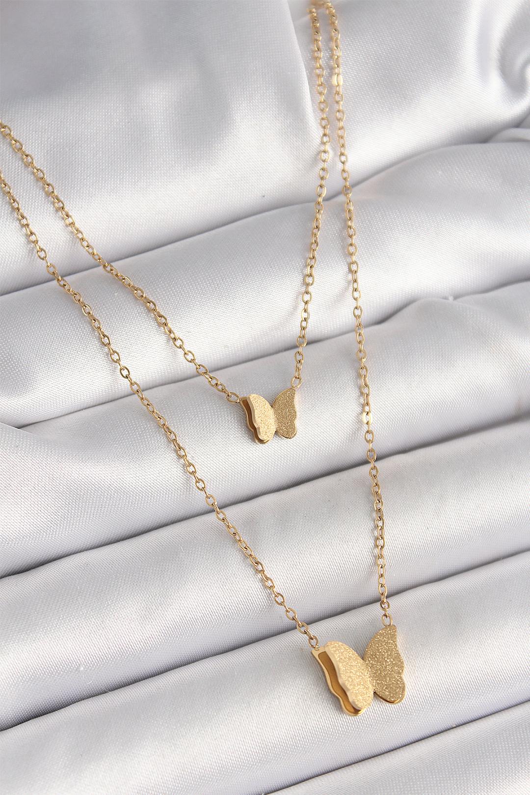 Çelik Gold Renk 2'Li Simli Kelebek Model Kadın Kolye