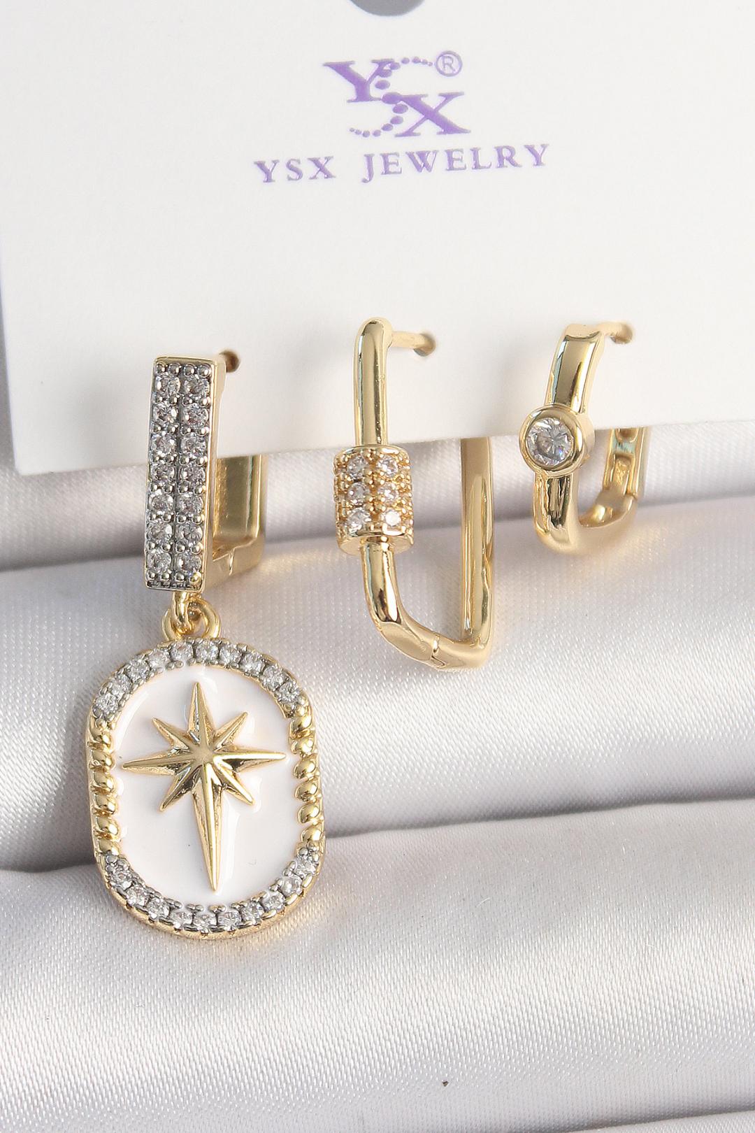 Zirkon Taş İşlemeli Sallantı Gold Renk Yıldız Portre Model 3'lü Kadın Kombin Küpe