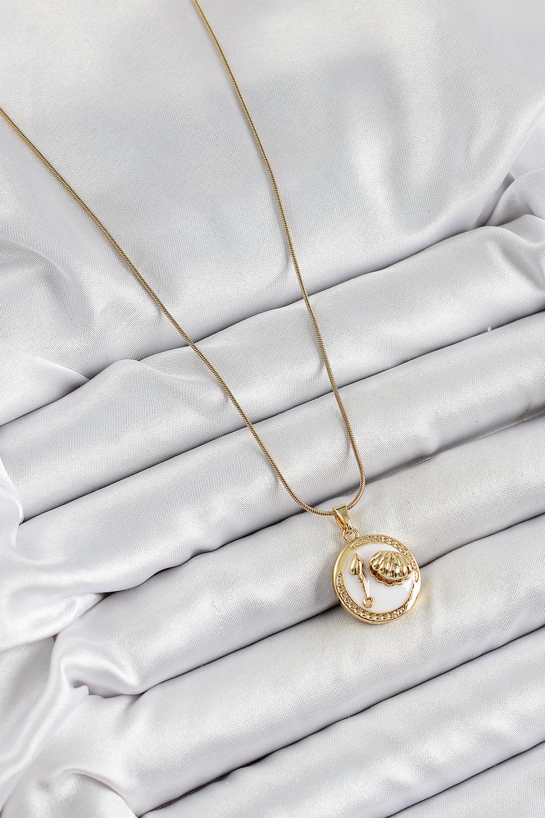 Beyaz Mineli Sanatsal Portre İstiridye Model Gold Renk Kadın Kolye