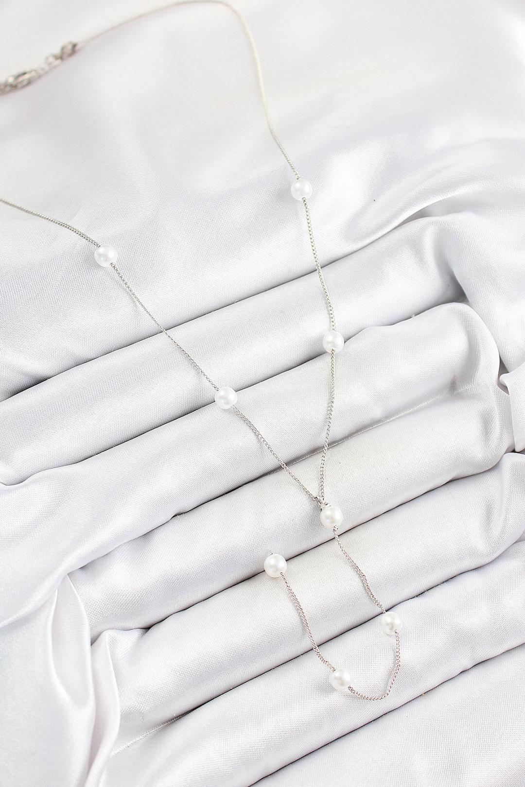 İnci Figürlü Y Model Gümüş Renk Kadın Kolye