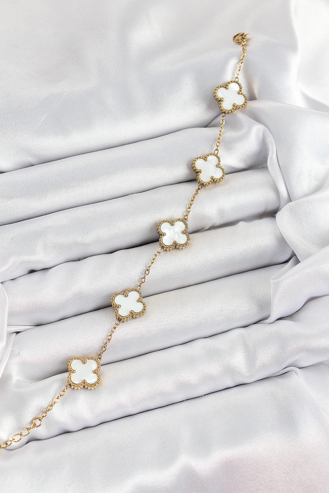 Çelik Beyaz Sedef Yonca Model Gold Renk Kadın Bileklik