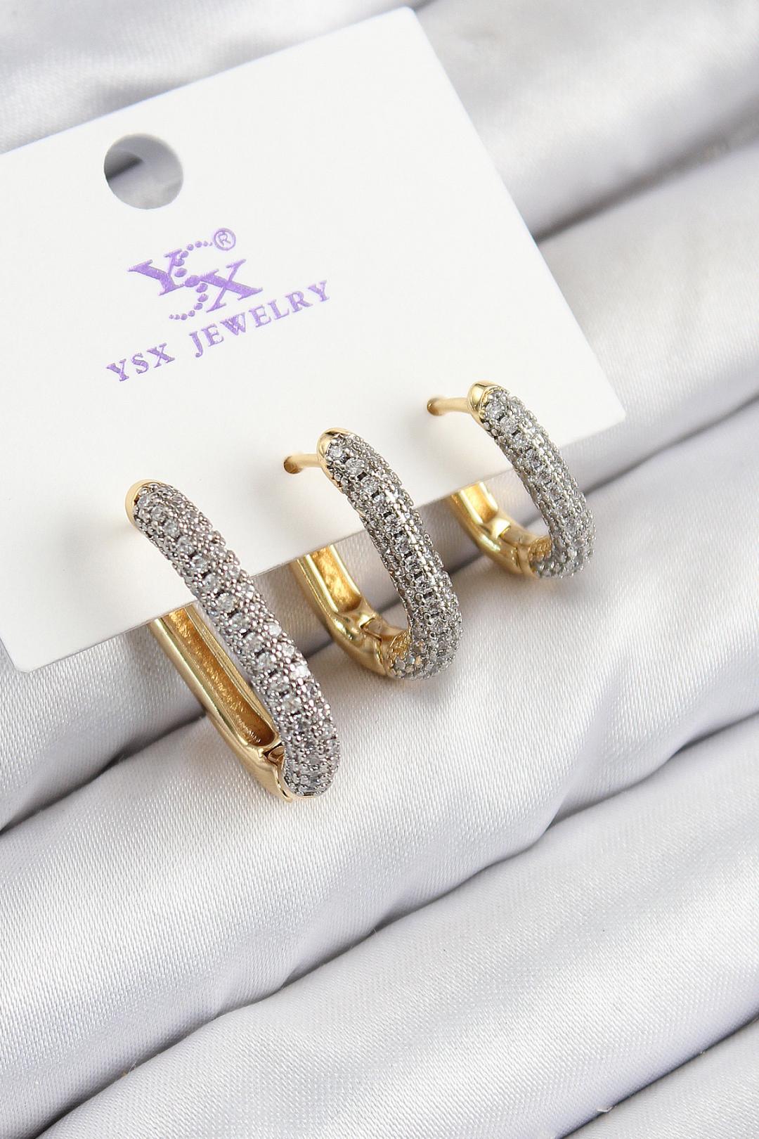 Zirkon Taşlı 3'lü Oval Dikdörtgen Model Gold Ve Gümüş Renk Pirinç Kadın Küpe