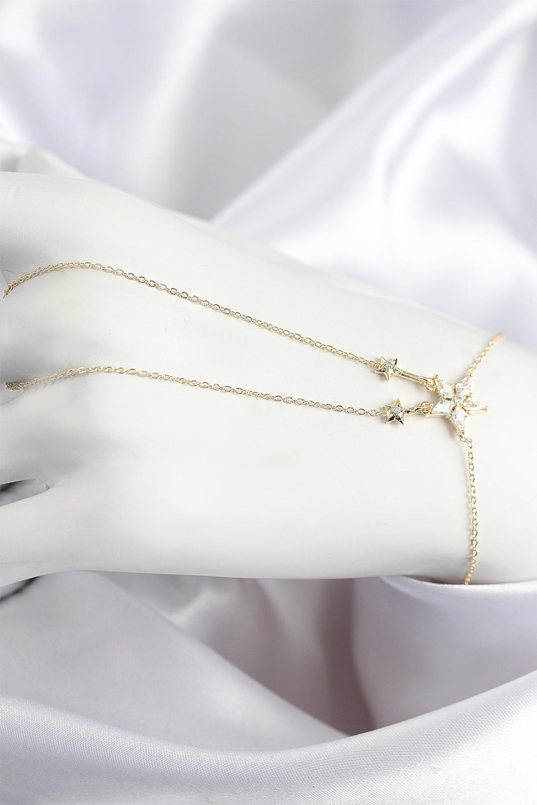 Pirinç Zirkon Taşlı Yıldız Model Gold Renk Şahmeran