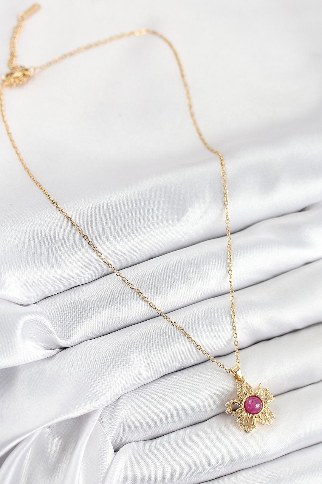 Zirkon Taşlı Döner Güneş Model Gold Renk Kadın Kolye