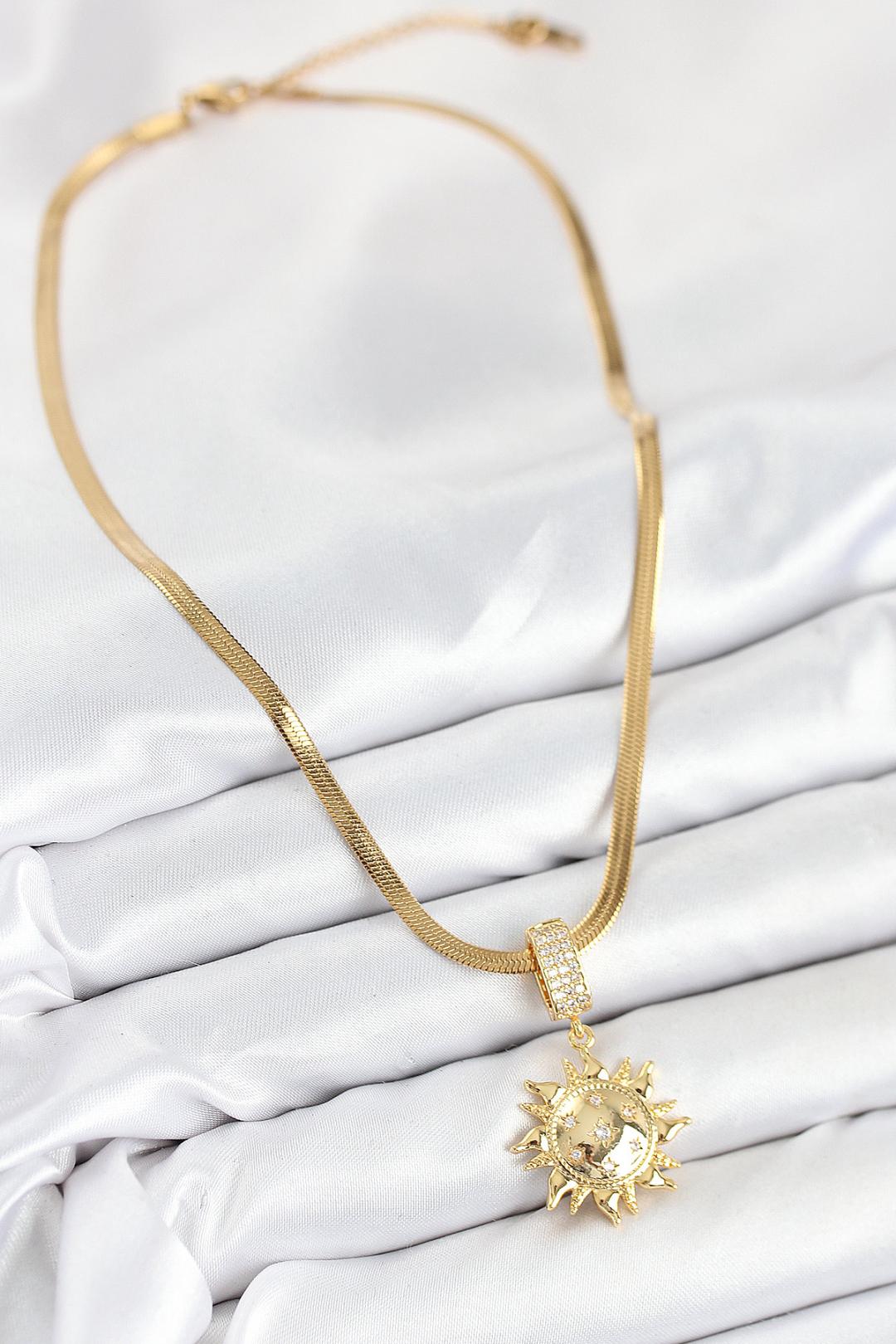 Zirkon Taşlı Güneş Model Gold Renk Kadın Kolye