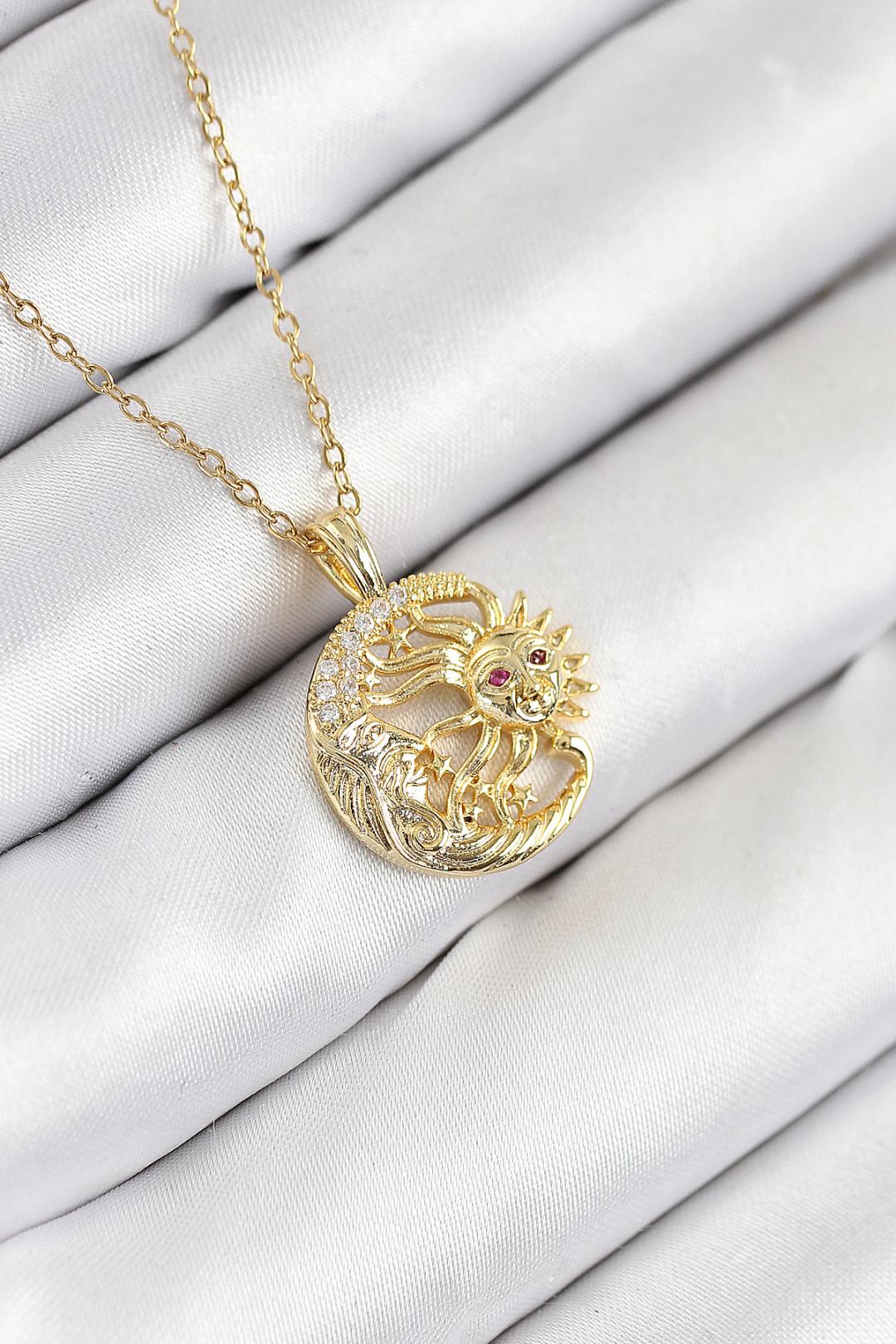 Zirkon Taşlı Ay Ve Güneş Model Gold Renk Kadın Kolye