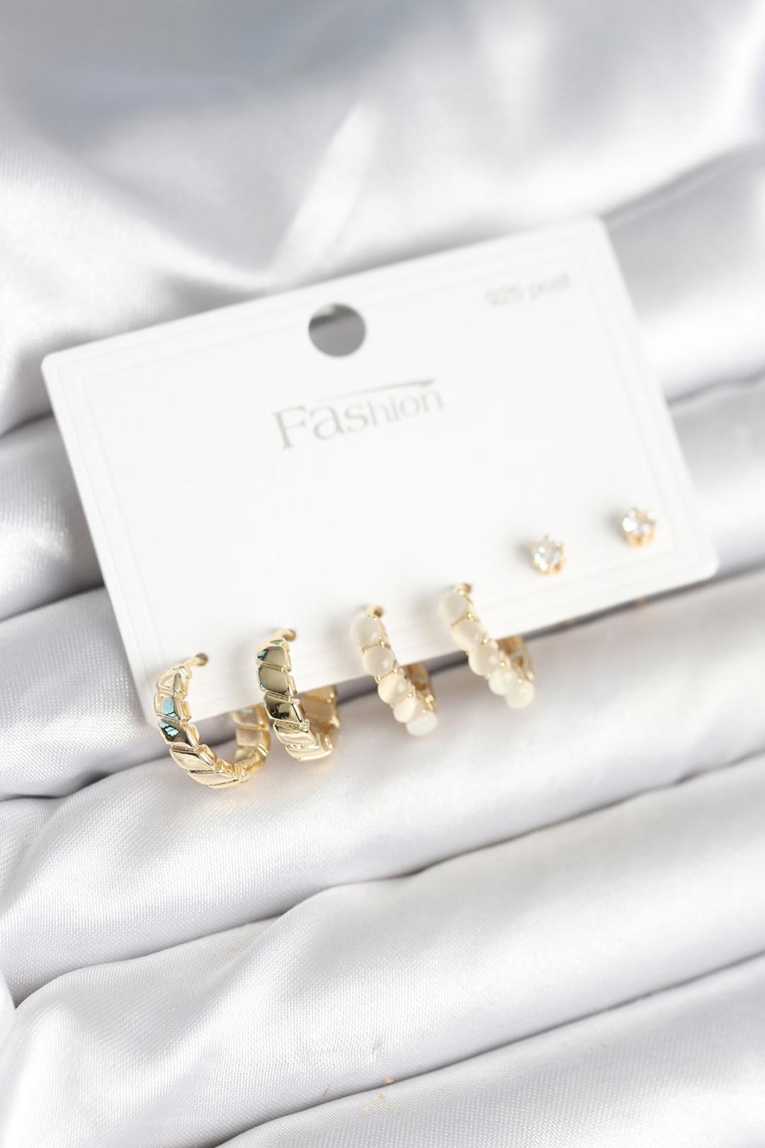 Gold Renk Pirinç Halka 925 Ayar Gümüş Çivili Kadın Küpe Seti