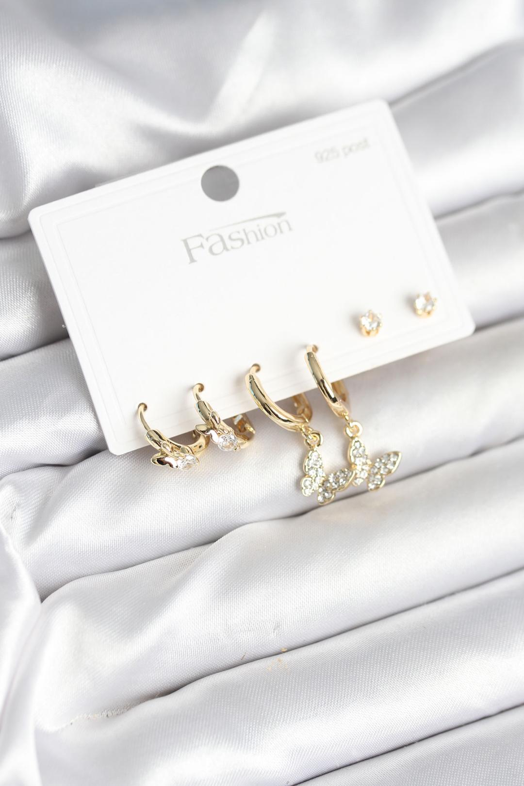 Gold Renk Pirinç Kelebek Model 925 Ayar Gümüş Çivili Kadın Küpe Seti