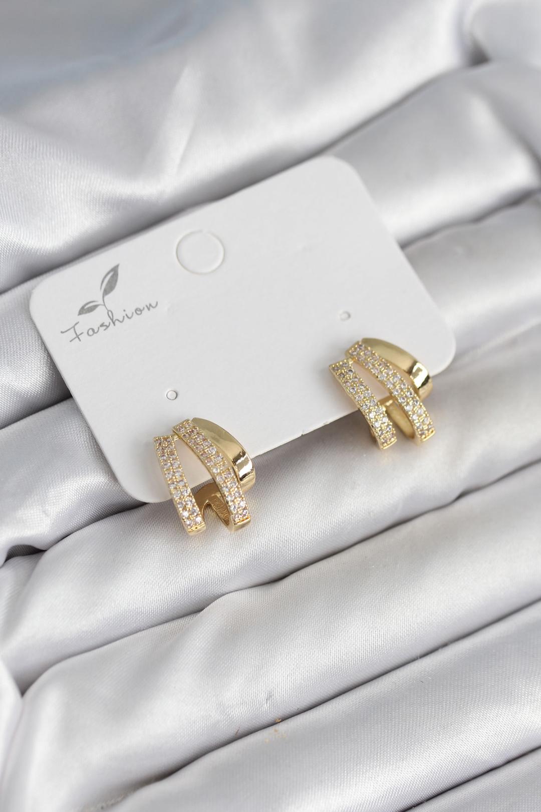 Zirkon Taşlı Gold Renk Kadın Pirinç Küpe