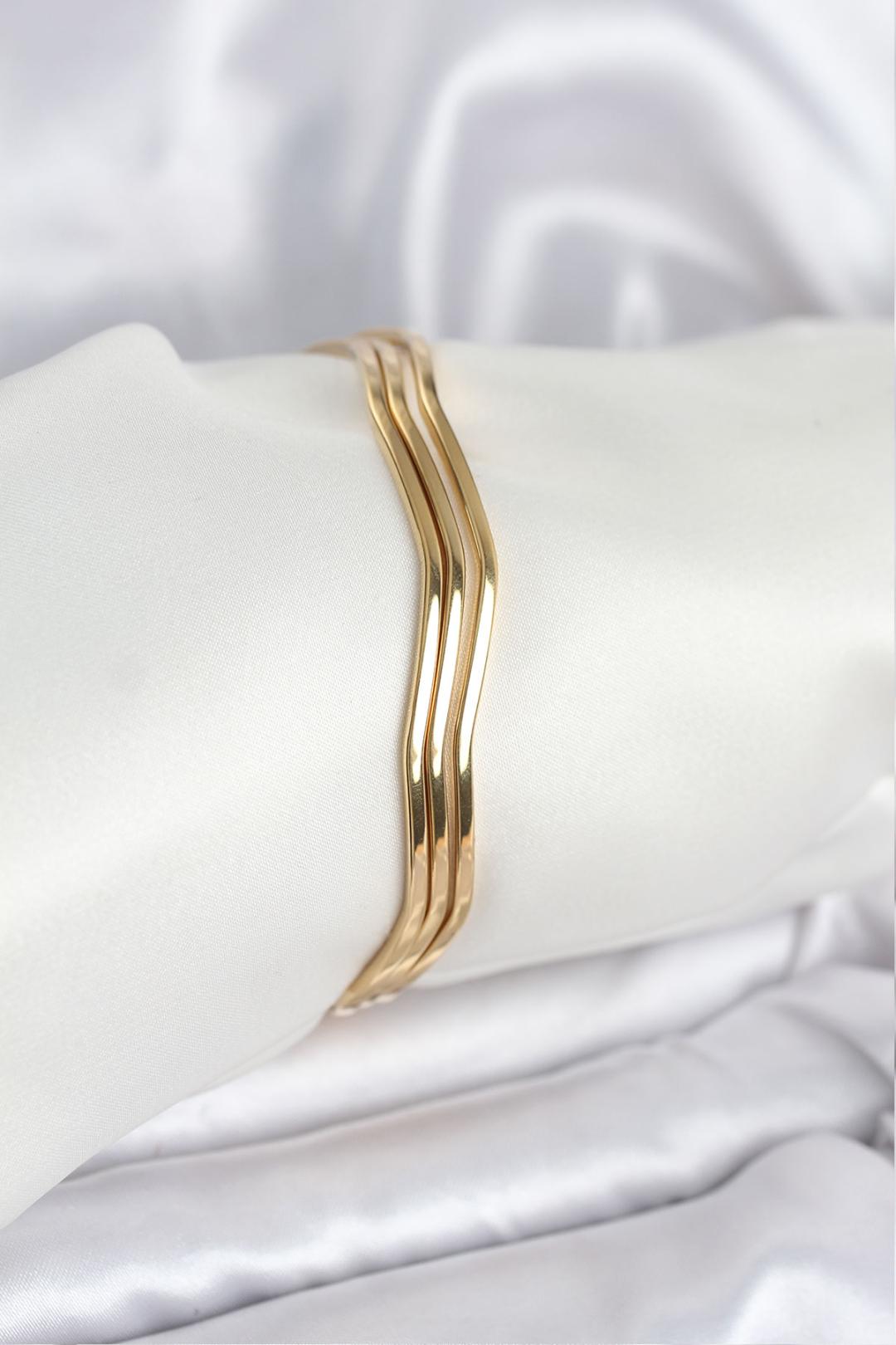 Çelik Gold Renk 65 mm Ajda Zikzak Model 3lü Kadın Bileklik