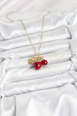 Çelik Zincir Yapraklı Kiraz Model Gold Renk Kadın Kolye