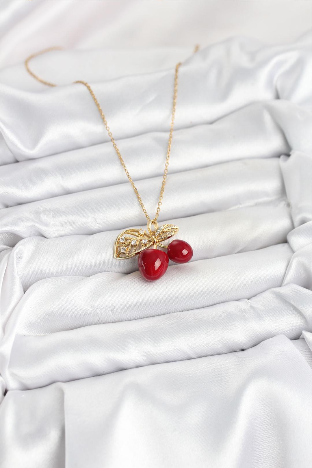 Çelik Zincir Yapraklı Kiraz Model Gold Renk Kadın Kolye