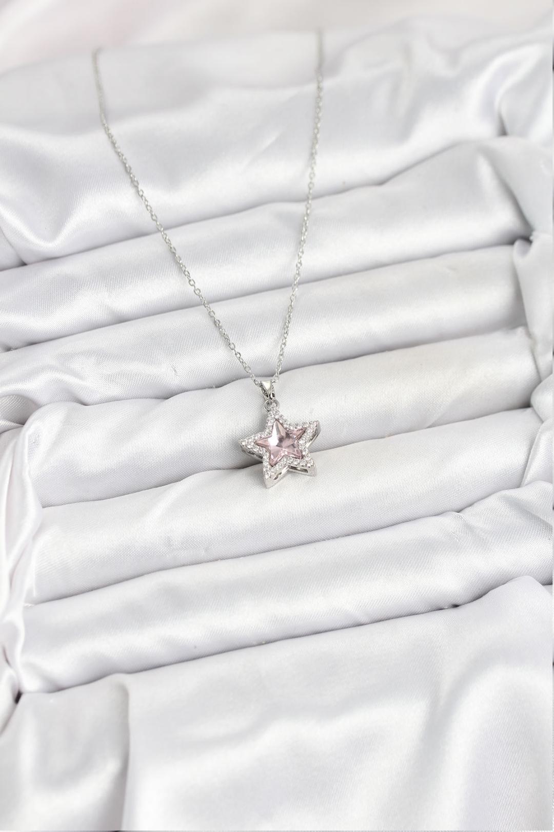 Çelik Zincir Gümüş Renk Pembe Taşlı Yıldız Model Kadın Kolye