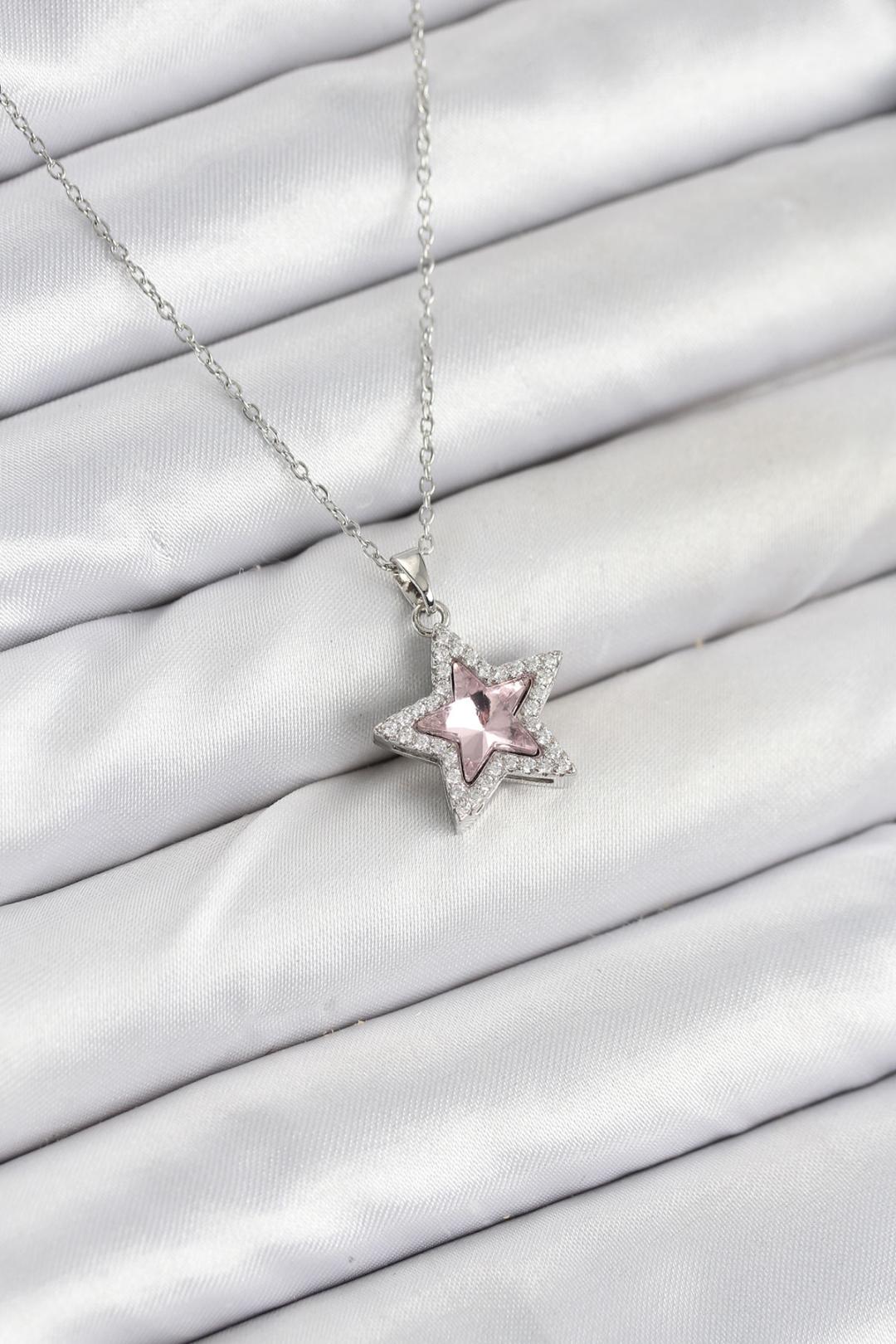 Çelik Zincir Gümüş Renk Pembe Taşlı Yıldız Model Kadın Kolye