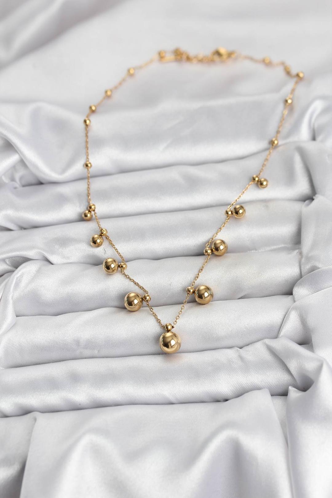 Çelik Zincir Gold Renk Topçuklu Kolye