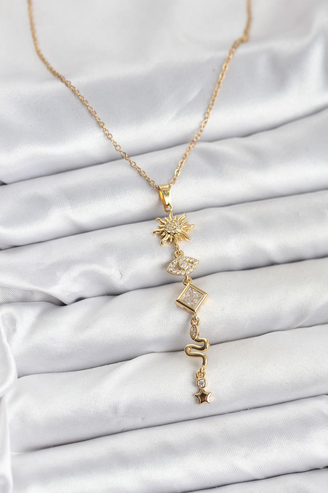 Çelik Zincir Gold Renk Güneş ve Enerji Model Kadın Y Kolye