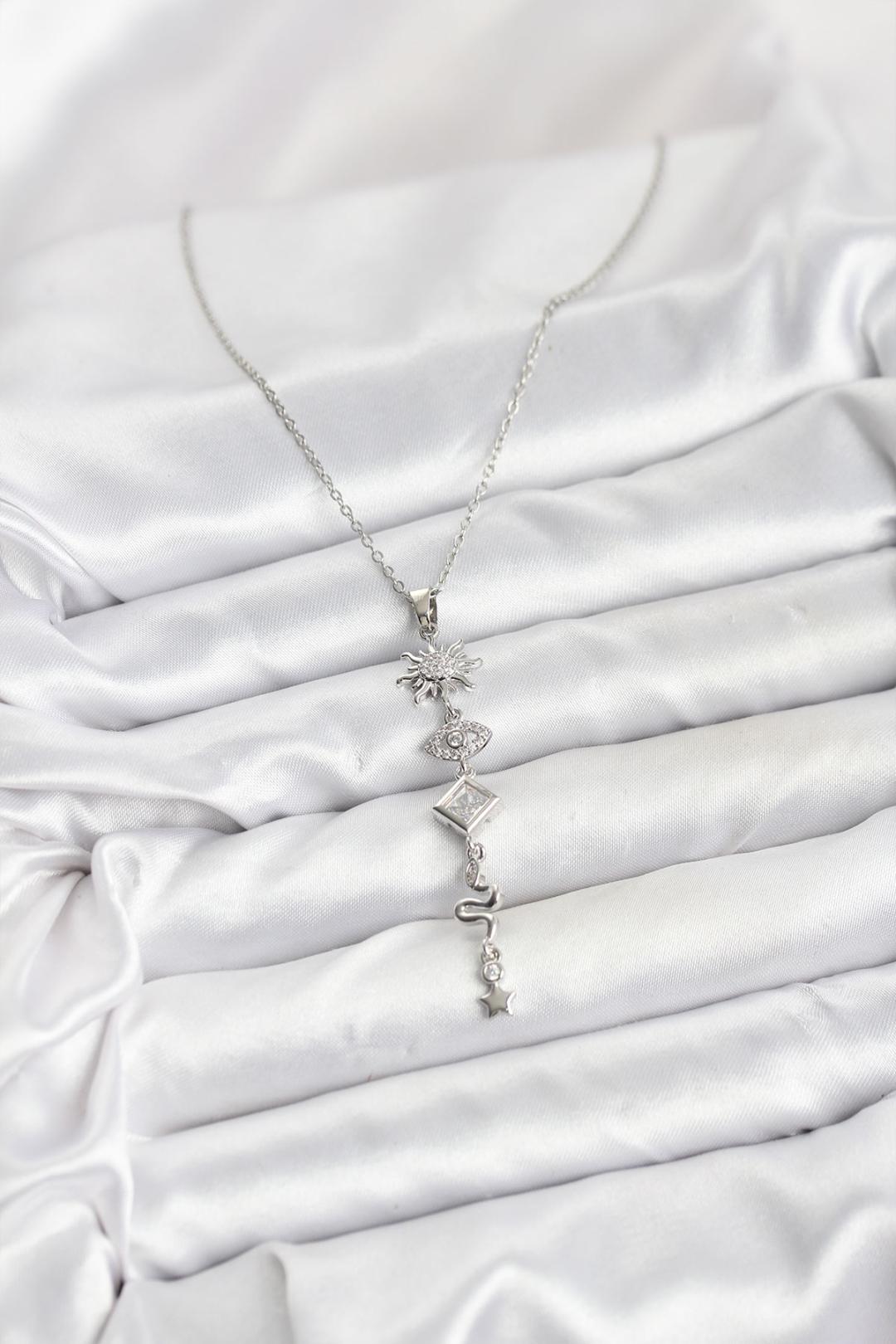 Çelik Zincir Gümüş Renk Güneş ve Enerji Model Kadın Y Kolye