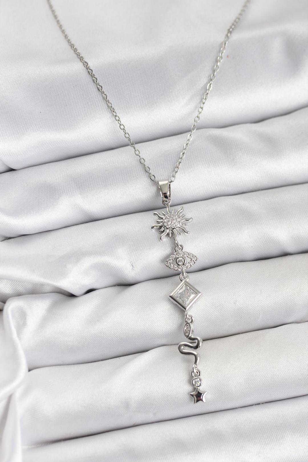 Çelik Zincir Gümüş Renk Güneş ve Enerji Model Kadın Y Kolye