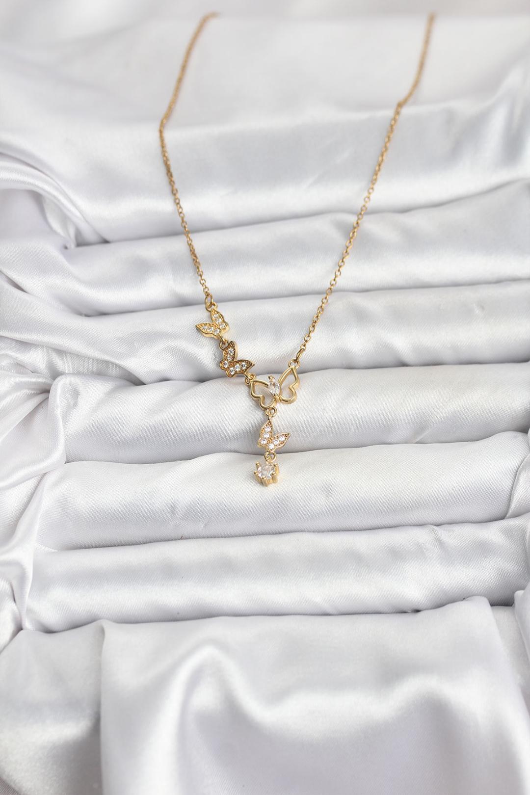 Çelik Zincir Gold Renk Kelebek Model Kadın Kolye