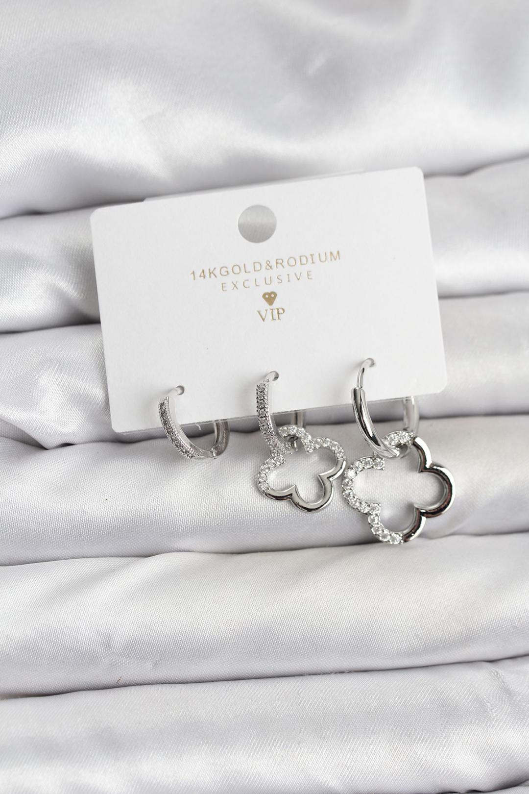 Yonca Model Gümüş Renk Pirinç 3'lü Kadın Küpe Seti