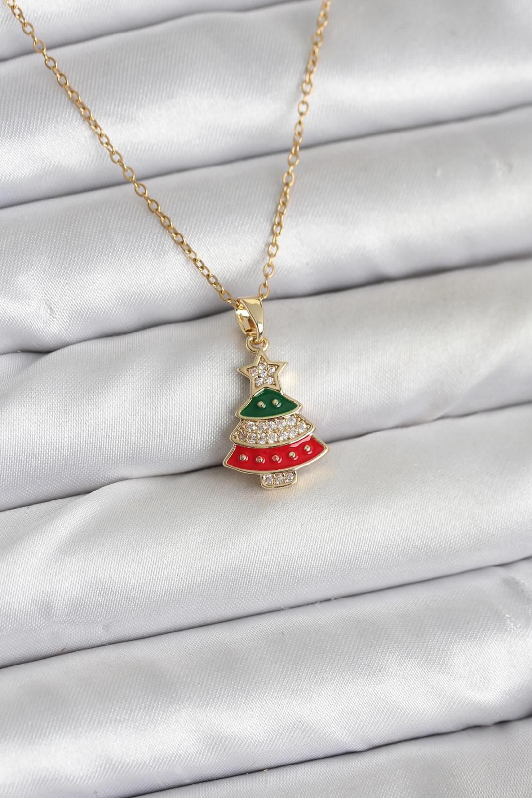 Çelik Zincir Gold Ren Çam Ağacı Model Zirkon Taşlı Yılbaşı Temalı Kadın Kolye