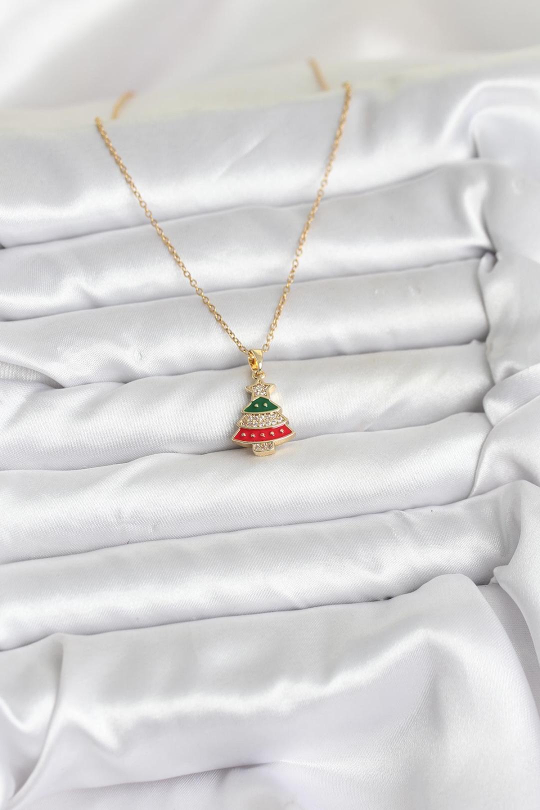 Çelik Zincir Gold Ren Çam Ağacı Model Zirkon Taşlı Yılbaşı Temalı Kadın Kolye