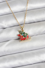 Çelik Zincir Gold Renk Kızak ve Çam Ağacı Figürlü Yılbaşı Temalı Kadın Kolye